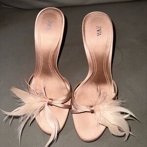 Zara Blush Feather Slip-On Heels